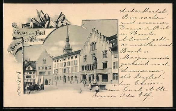 Cartoline postali: AK Biel, Strassenpartie mit Denkmal – Usato da Berlin venduto da bartko-reher