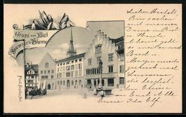 AK Biel, Strassenpartie mit Denkmal