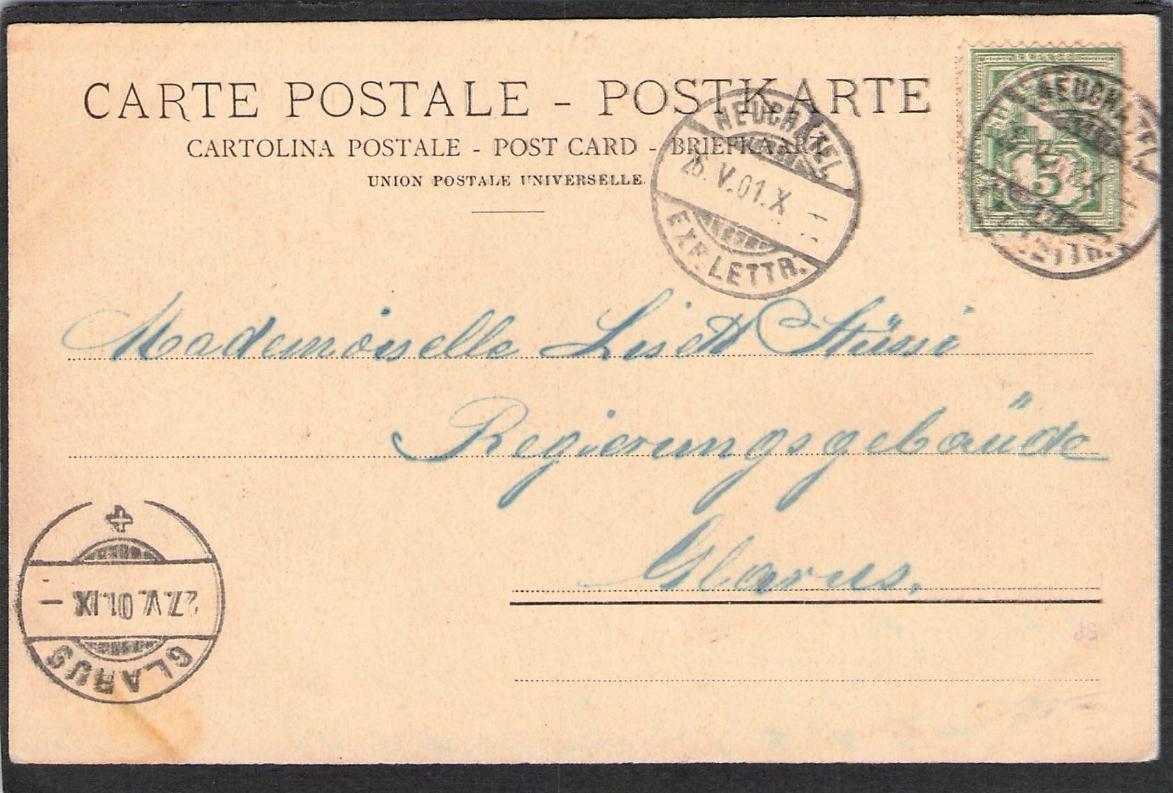 Cartoline postali: CP, Neuchâtel , Hotel des Postes , 1901 – Usato da Reichenburg venduto da Pipo-67 1