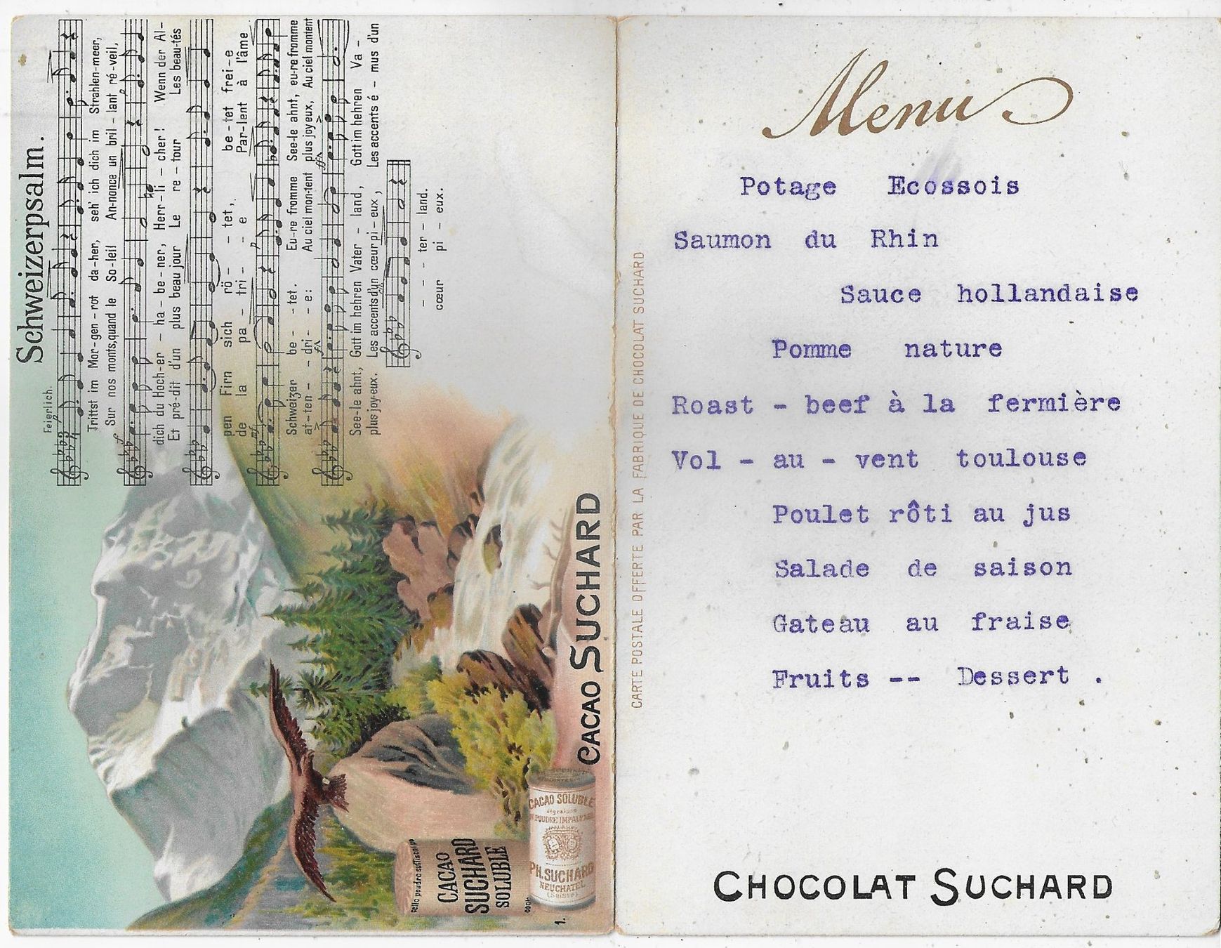 Cartoline postali: Cacao Suchard - Schweizerpsalm - Menukarte - Litho – Usato da Ettingen venduto da Kartenplanet 1