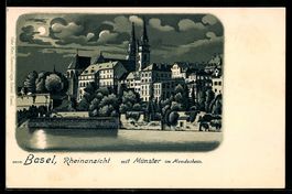 Lithographie Basel, Basel, Rheinansicht mit Münster