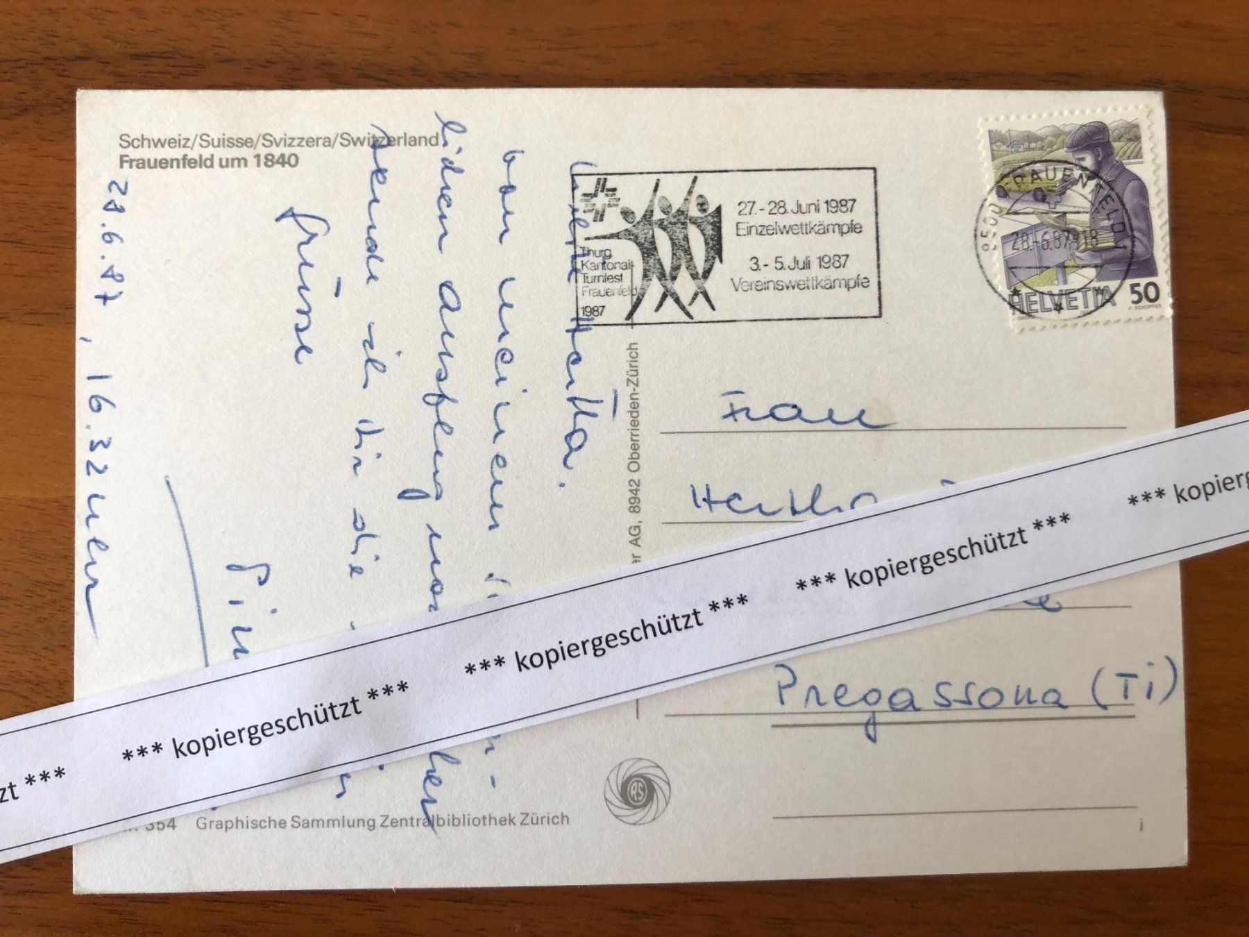 Cartoline postali: Frauenfeld um 1840, Stempel 1987 AK – Usato da Hefenhofen venduto da Bierinder 1