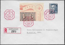 1943 R/ FDC Zürich W15 Ausschnitt + Zusatzfrankatur ab 1.-