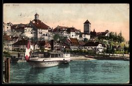 AK Morat, Uferpartie mit Dampfboot