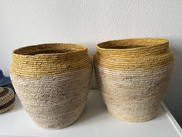 2 Korb-Pflanzgefässe aus Seegras, Landhausstil, gelb/natur