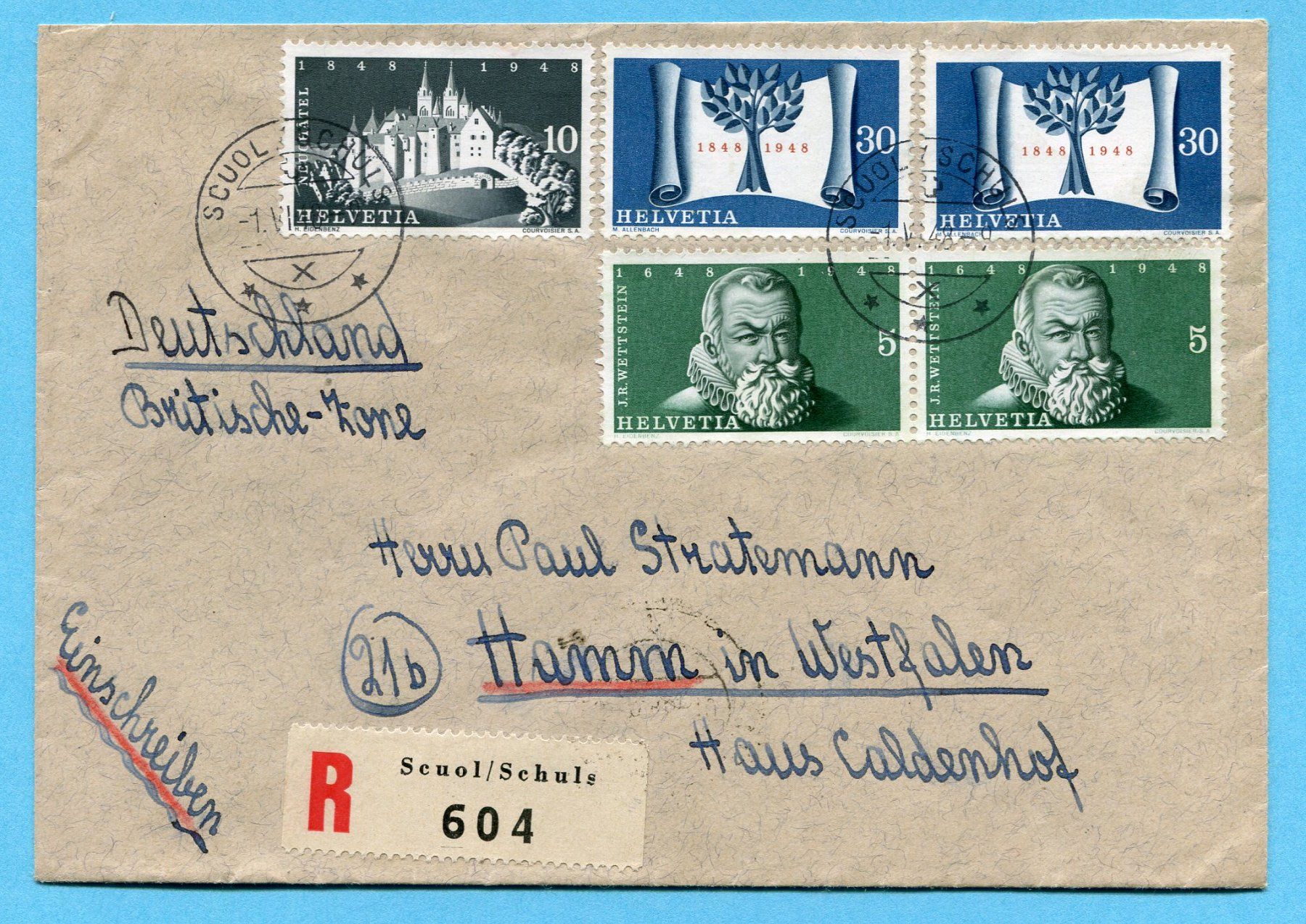 Tutti i francobolli: Brief von Scuol / Schuls nach Hamm 1948 – Usato da Opfikon venduto da Prophila