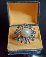 Weissgold Ring mit Saphiren und Perle, Vintage Schmuckstück