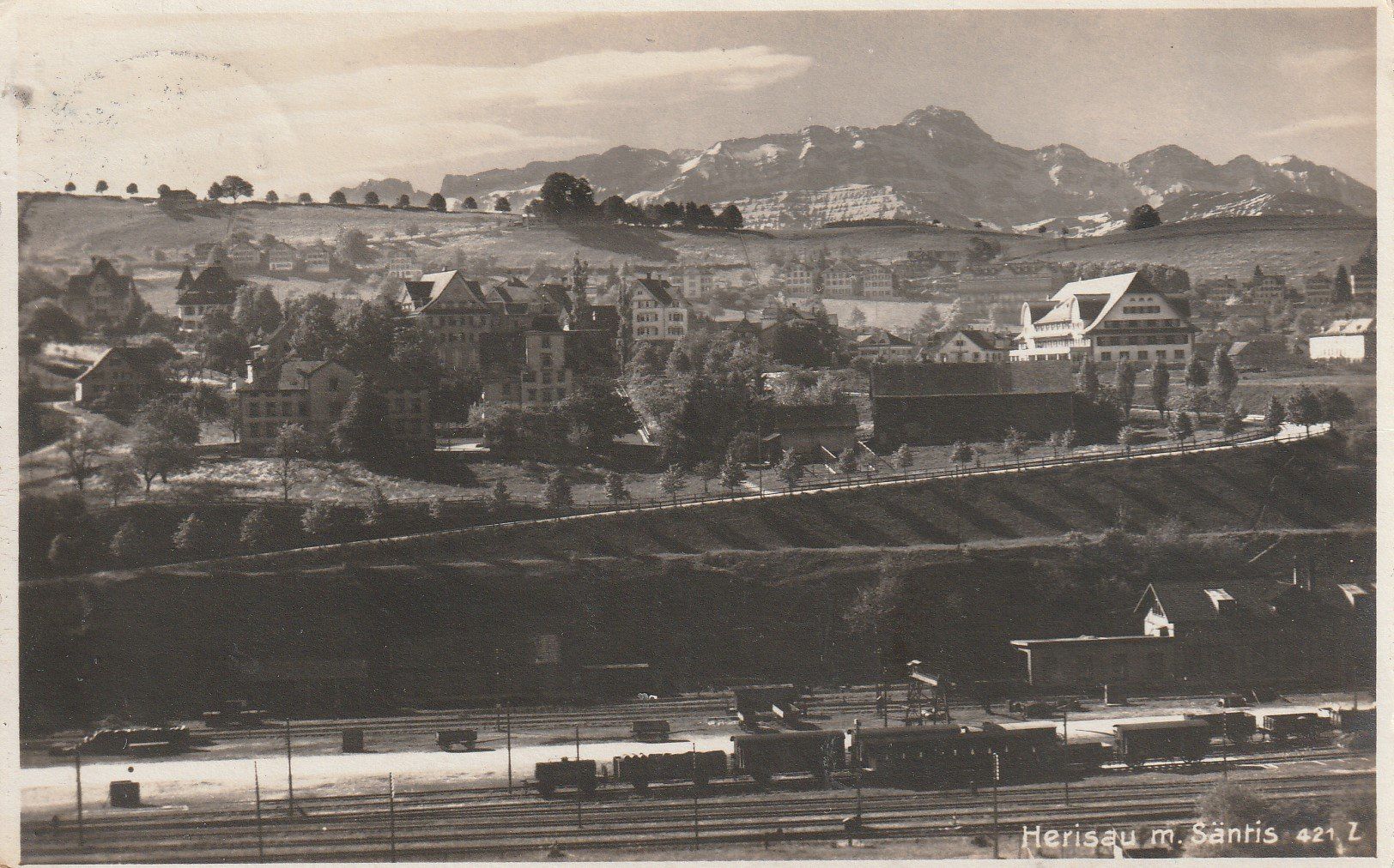Cartoline postali: Herisau - Bahnhof mit Säntis-1923 – Usato da uttwil venduto da Koehlerfred