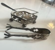 Antikes Silber Set – Zuckerzange + Salzgefäss mit Löffel