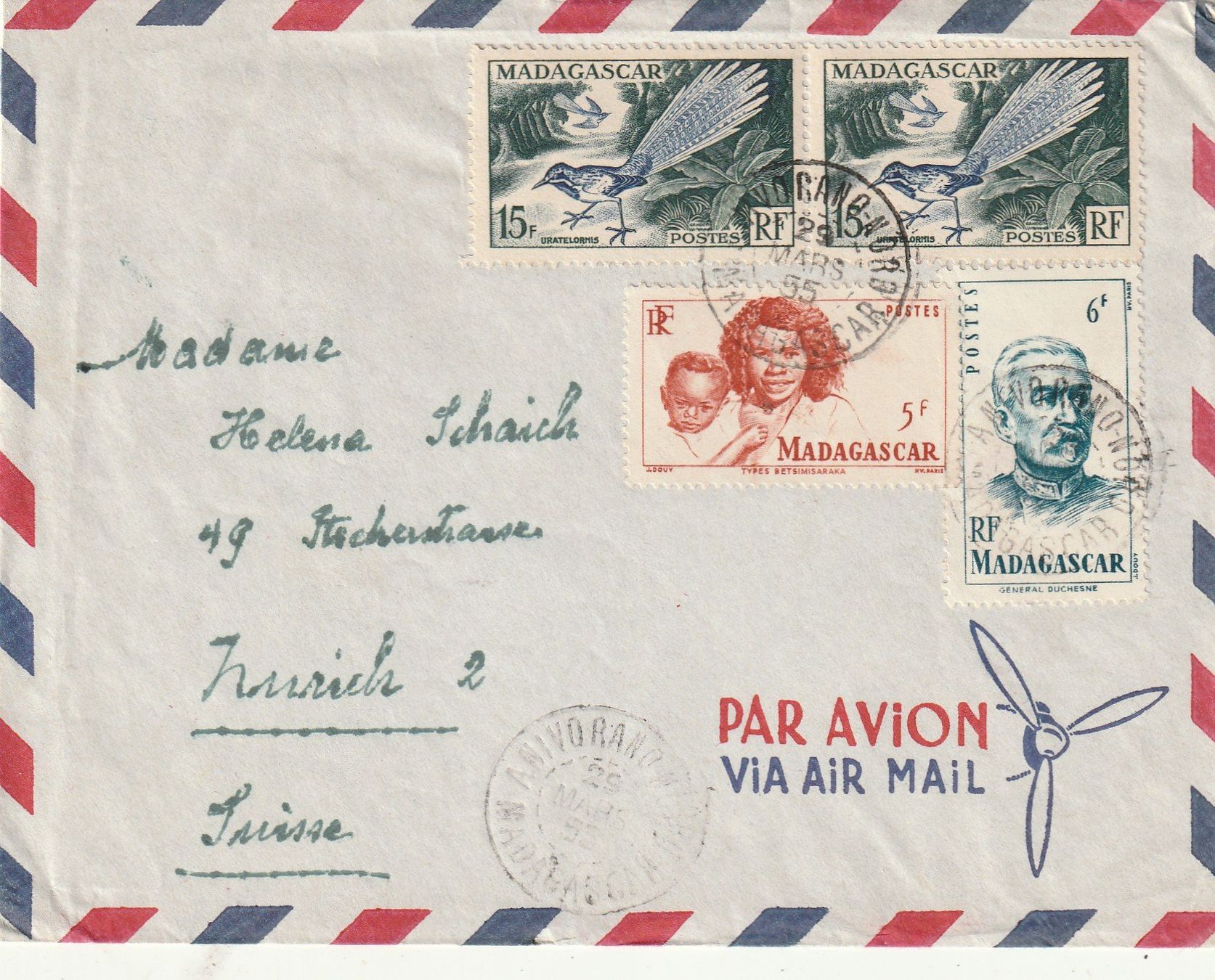 Tutti i francobolli: Flugpost Madagaskar mit Buntfrankatur 1955 – Usato da Rorschacherberg venduto da fratovi2