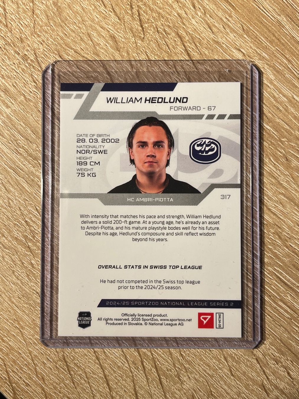 Sportzoo Carte collezionabili: William Hedlund HC Ambri-Piotta 01/10 – Usato da Thun venduto da Suomitiger 1