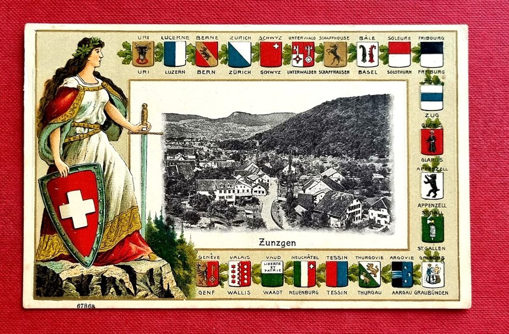 Helvetia mit Schwert - Zunzgen Dorfansicht - Wappen (Gebraucht) in ...