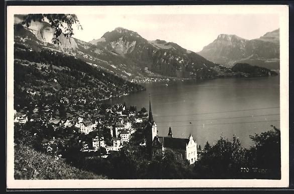 Cartoline postali: AK Weggis, Panorama mit Kirche, 1928 – Usato da Berlin venduto da bartko-reher