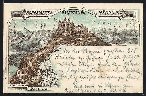 Ansichtskarten: Vorläufer-Lithographie Rigi-Kulm, 1893, – Gebraucht aus Berlin von bartko-reher