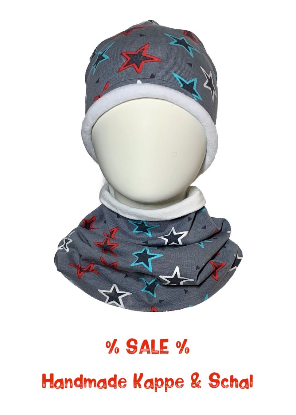 Altro abbigliamento per bambino: HANDMADE SET WENDBAR Kappe und Schal grau mit Sternen – Nuovo e nell'imballaggio originale da Emmenbrücke venduto da swissmade-miracles