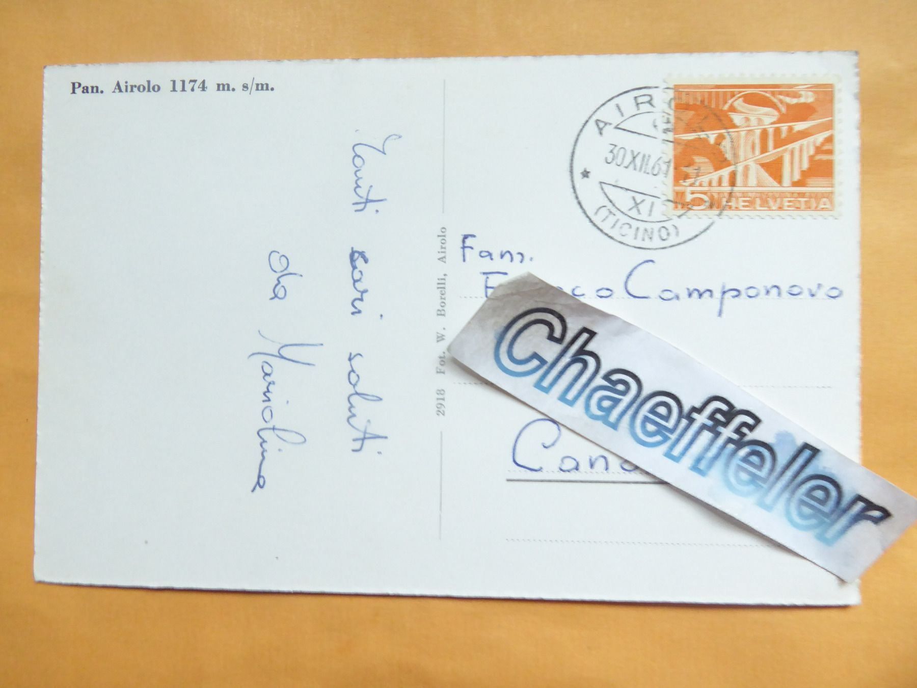 Cartoline postali: 1961  Pan. Airolo – Usato da Zürich venduto da Chaeffeler 1