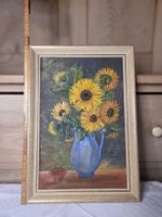 Ölgemälde: Sonnenblumen in blauer Vase, Herbstdeko