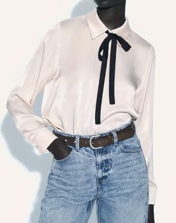 Camicia rosa con fiocco nero, elegante per l'autunno!-M/Lnew
