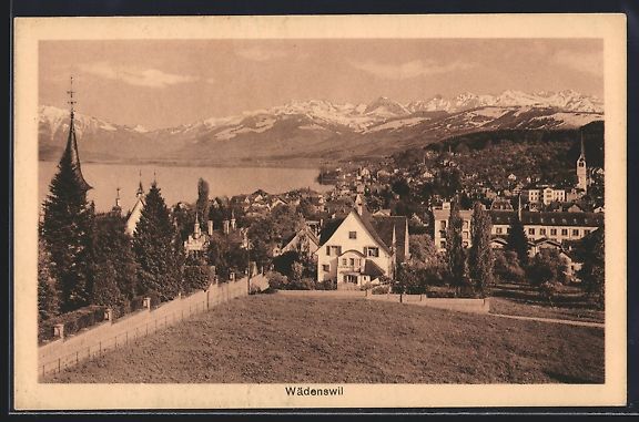 Cartoline postali: Wädenswil, Ortsansicht mit See und Berg – Usato da Berlin venduto da bartko-reher