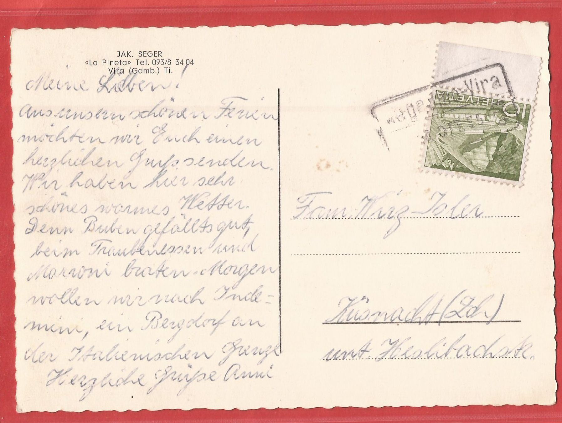 Cartoline postali: Vira Gambarogno - 'La Pineta' - 1955 – Usato da Fislisbach venduto da Porano 1