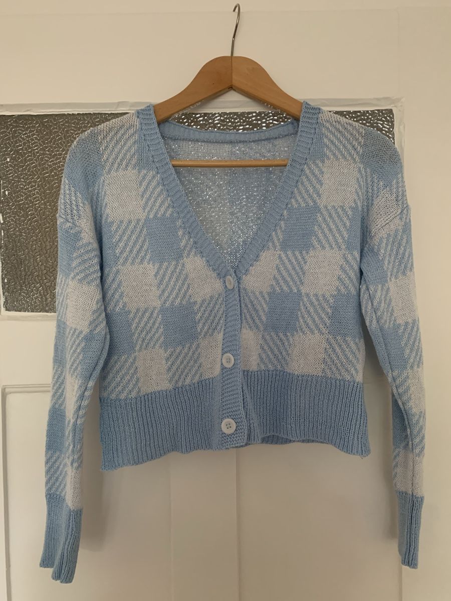 Giacche: Sommer Cardigan Strickjacke Kariert Hellblau Weiss – Usato da Zürich venduto da med_qdd6