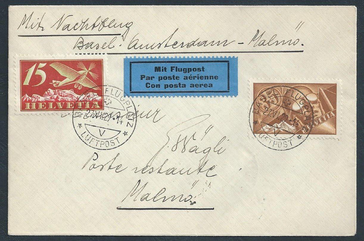 Tutti i francobolli: Flugpost Schweiz 1929 Basel Amsterdam Malmö Luftpost – Usato da Au ZH venduto da xelagreb01