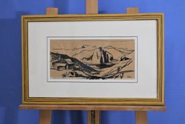 Berglandschaft, Tusche auf Papier, signiert, top gerahmt.
