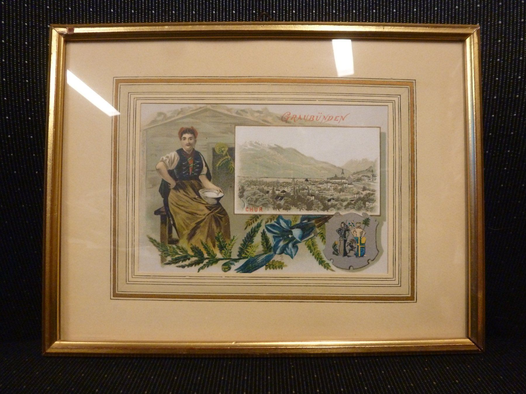 Grafica & Litografie: Lithografie, Gerahmt "Graubünden", Ansichtskarte? – Usato da Schwerzenbach venduto da Tamama 1