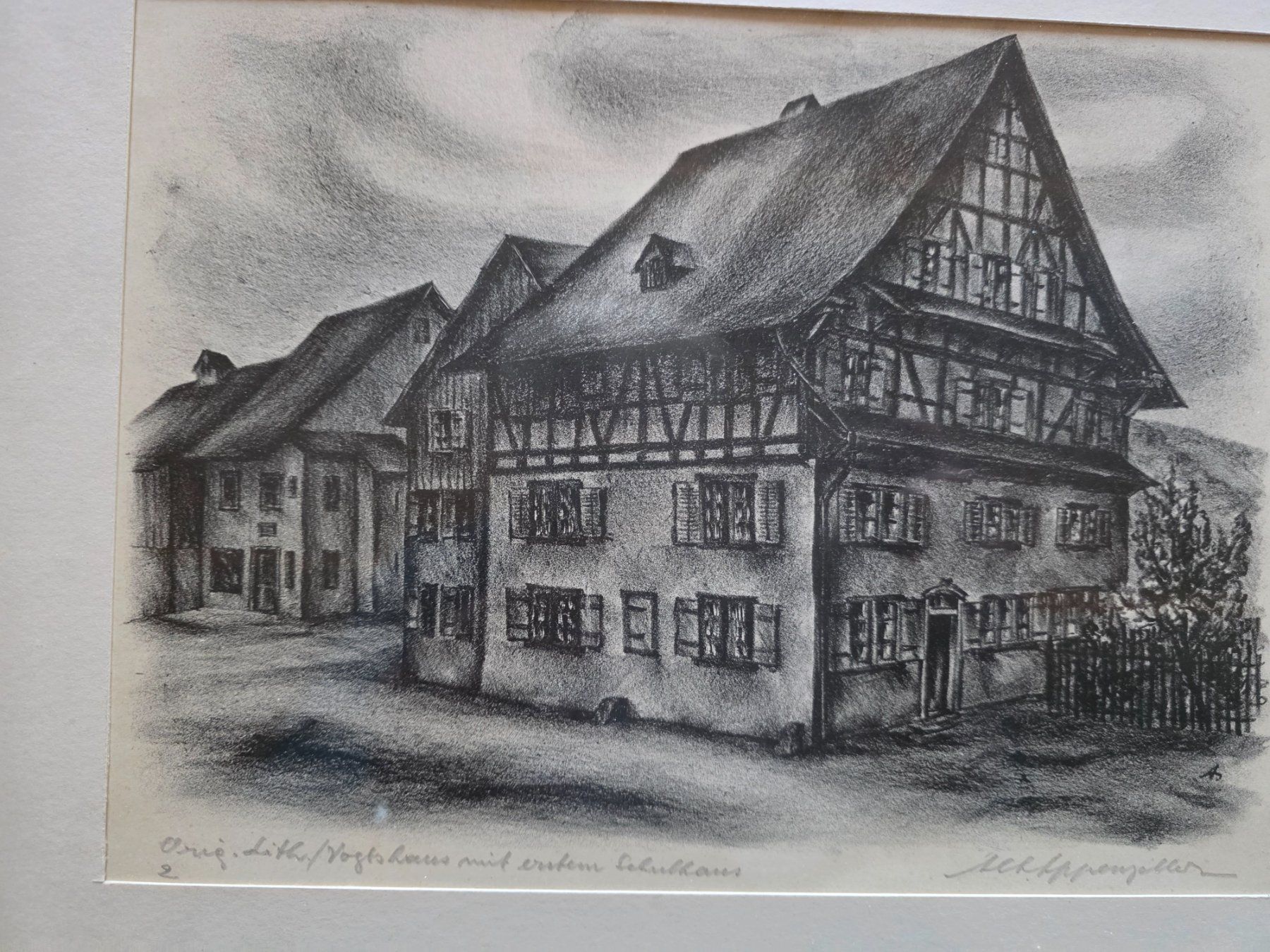 Grafica & Litografie: Litho Vogtshaus mit Schulhaus Goldrahmen – Usato da Walterswil BE venduto da Lonitti