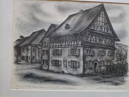 Litho Vogtshaus mit Schulhaus Goldrahmen