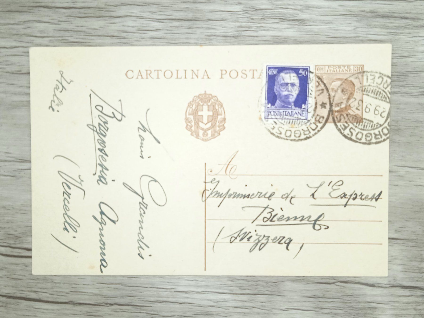 Tutti i francobolli: TR70 Carte Postale + Timbre Italie 1932 – Usato da Cousset venduto da Patrick_Collections