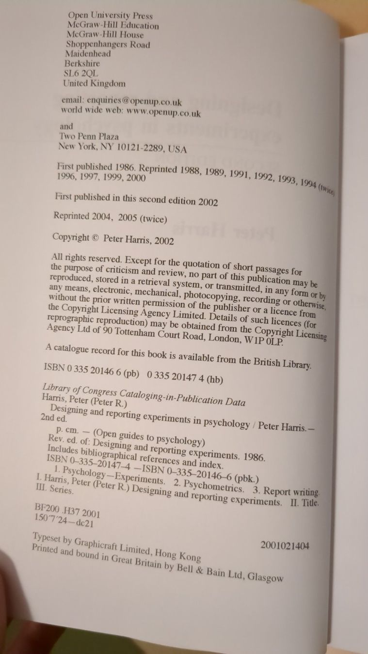 Bücher: Designing and Reporting Experiments in Psychology, P. Harris – Gebraucht aus Basel von haferkleie 3