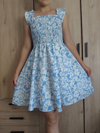 Summer Dress Blue Floral Print Smocked Square Neck Size S