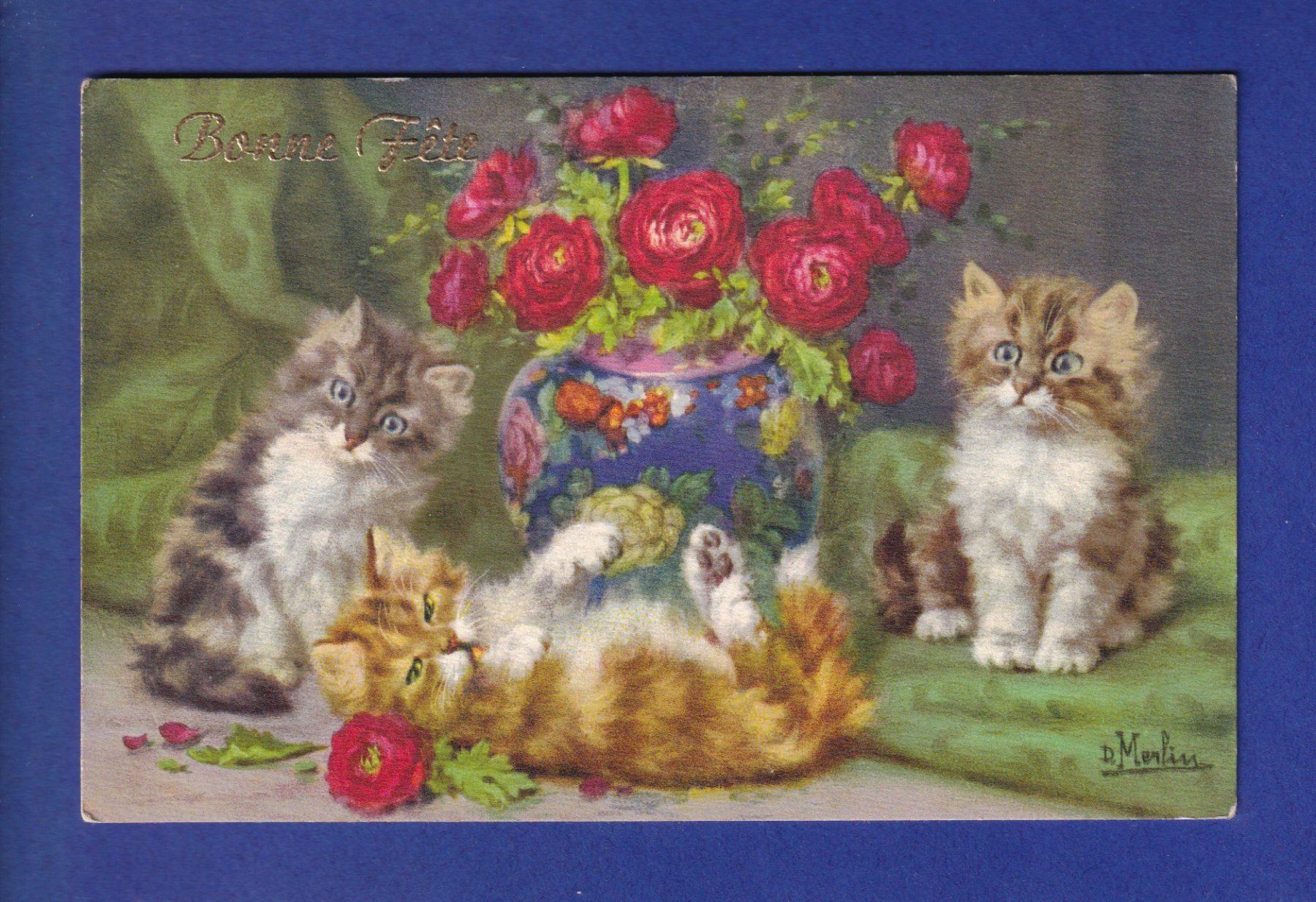 Ansichtskarten: CHAT - Chats et fleurs - D. Merlin – Gebraucht aus Pully von nicecards-shop