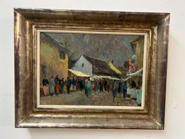 Ölgemälde auf Holz Stammheimer Markt von F. Deringer 1948