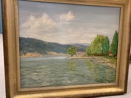 Ölgemälde / Landschaft – Seeufer mit Bäumen