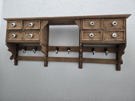 Wandregal mit 8 Schubladen und Haken Holz vintage