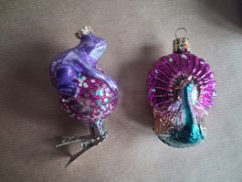 2 Glas Christbaumschmuck: Pfau & Frosch mit Klemme. Violet