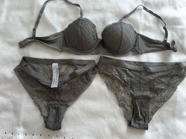 OYSHO Grauer Spitzen BH mit Slip, Set,, Grösse M