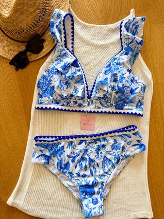 ✨Blumen Bikini Set Blau Weiss L -Neu - Gratis Versand
