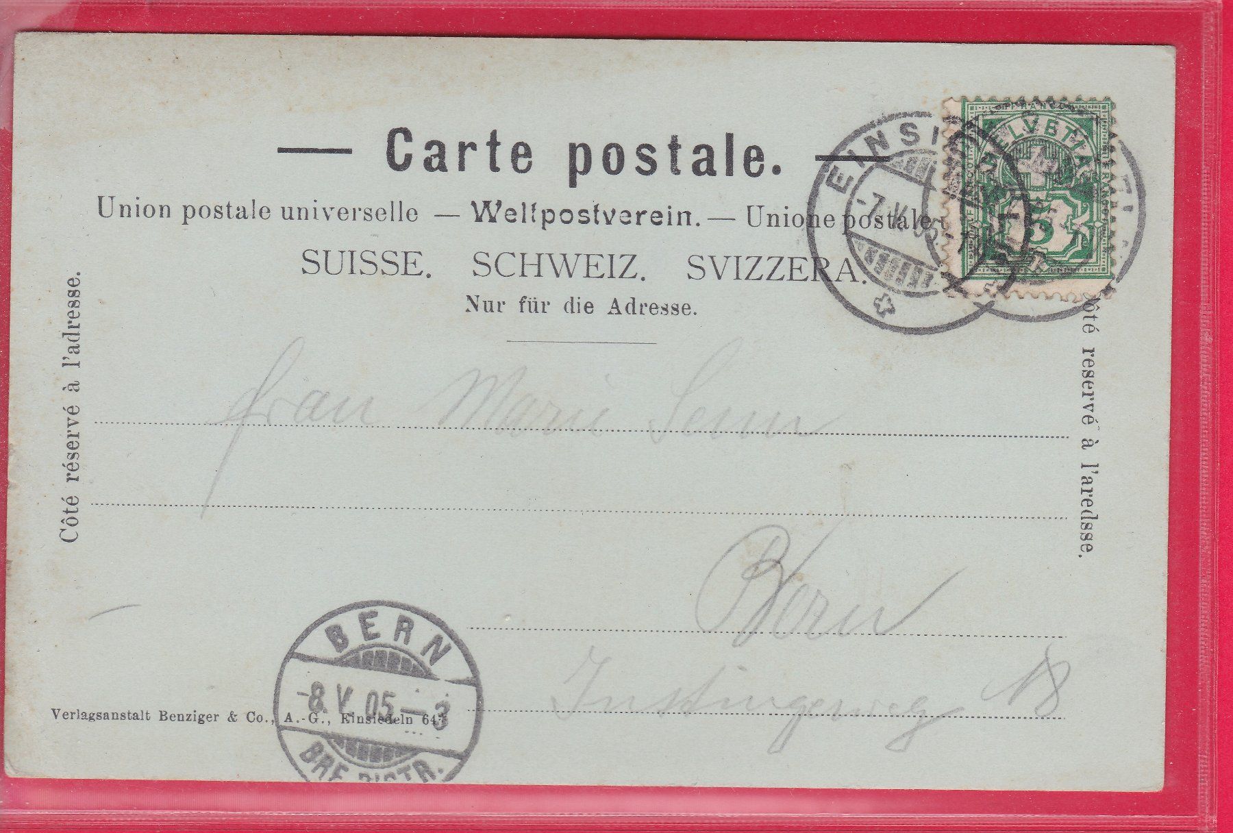Cartoline postali: AK, GRUSS AUS EINSIEDELN, 7.5.1905 – Usato da Oberrieden venduto da Gebirgsstelze 1