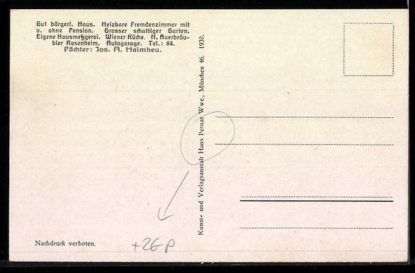 Cartoline postali: Hans Pernat: Oberaudorf a. Inn, Auer's G – Usato da Berlin venduto da bartko-reher 1