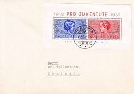 1937: Pro Juventute, Jubiläumsblock Nr. J83l-84l auf Brief.