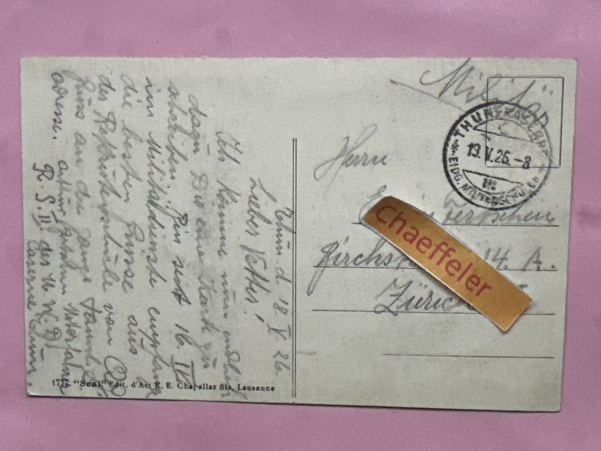 Cartoline postali: 1926 Thun. / Kaserne. – Usato da Zürich venduto da Chaeffeler 1