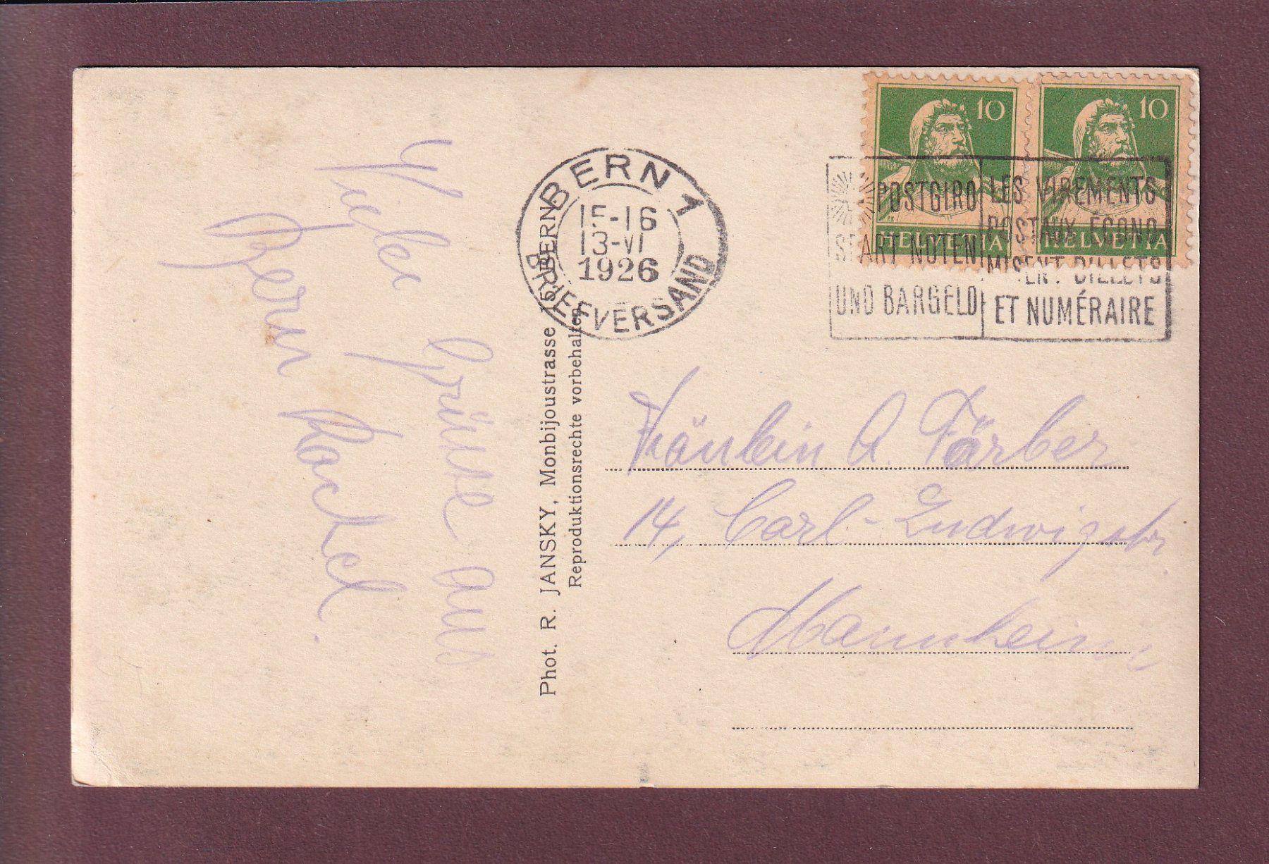 Cartoline postali: BERN - Bärengraben - 1926 – Usato da Pully venduto da nicecards 1