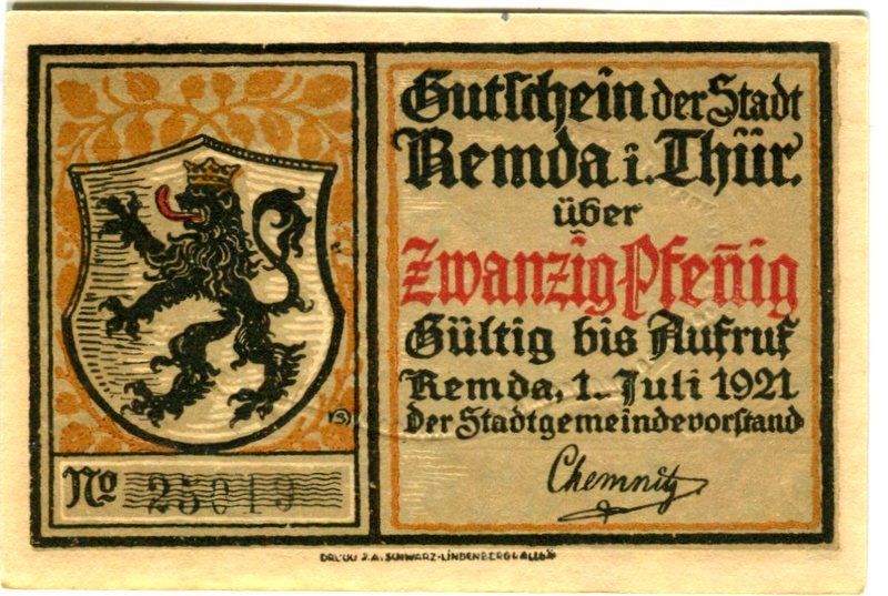 Banconote: Notgeld "20 Pfennig. Remda 1921" – Usato da Basel venduto da Butsch5 1