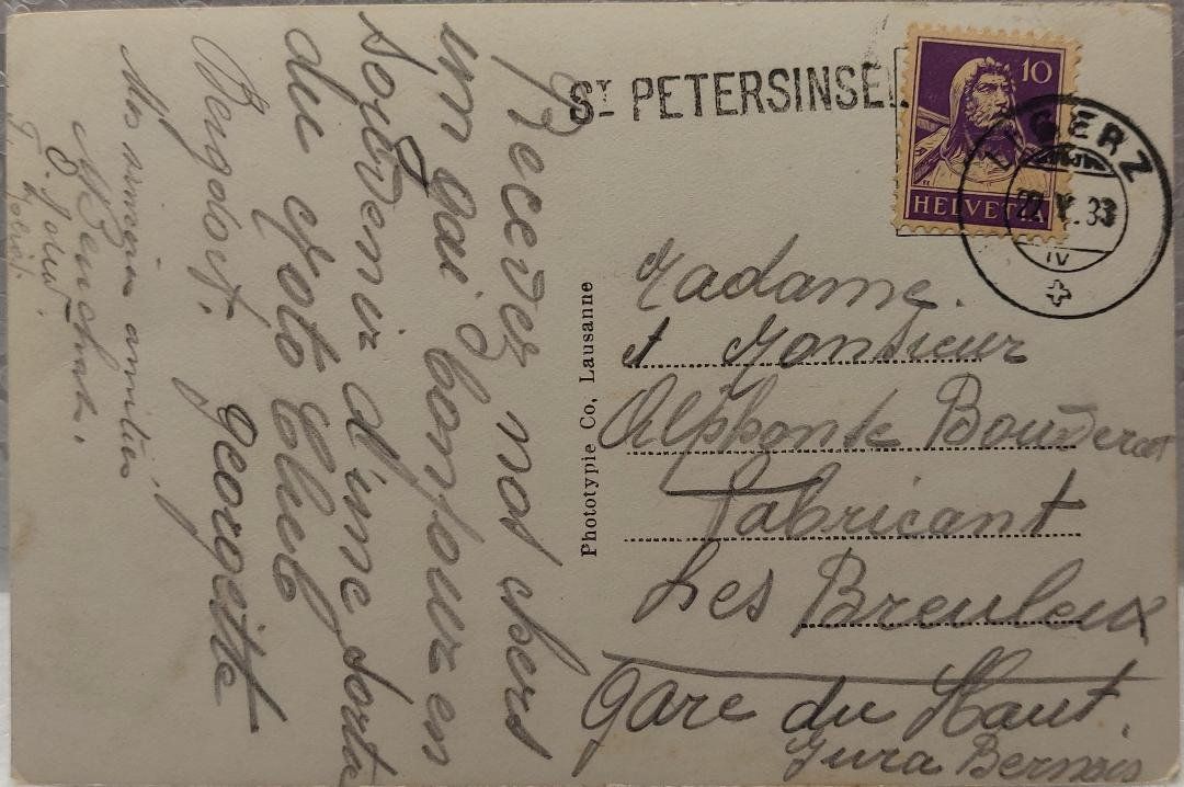Ansichtskarten: ILE  St. Pierre  -  1933 – Gebraucht aus Delémont von Domdom1 1