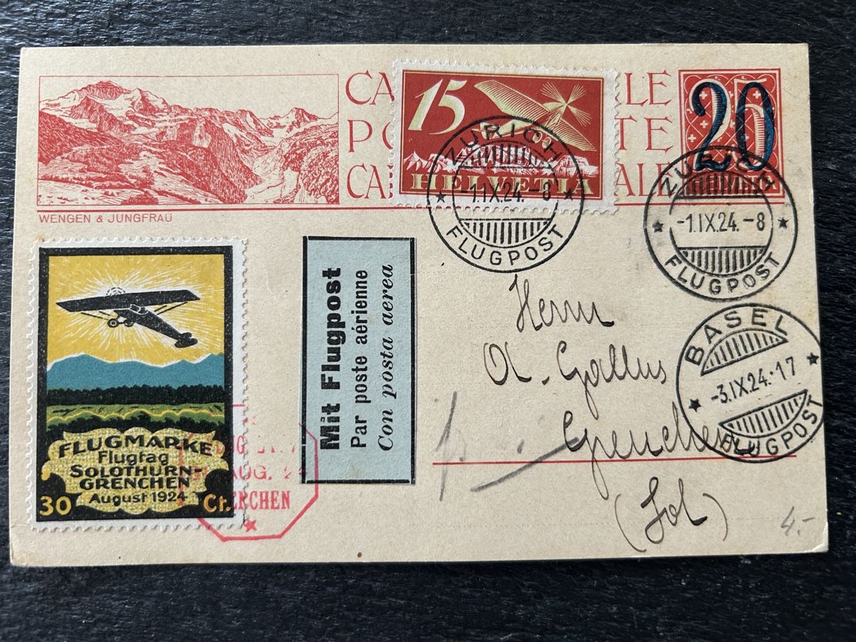 Tutti i francobolli: 1924 Carte Postale Flugtag Solothurn-Grenchen – Usato da Vétroz venduto da Laly63