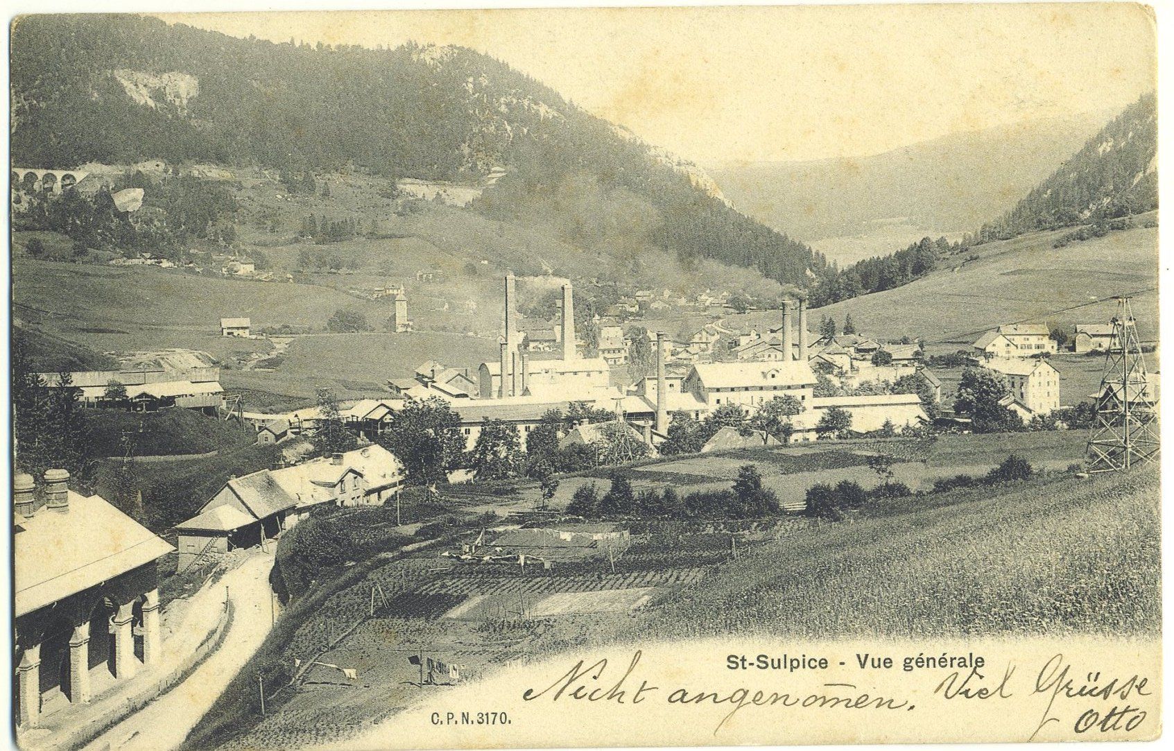Ansichtskarten: Ancienne CPA:  St-Sulpice. Vue générale, Val de Travers 1906 – Gebraucht aus Versoix von HELVETICA_1