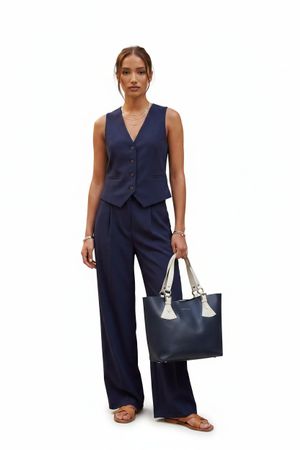 Pulicati Leder Tasche Shopper Dunkelblau Weiss